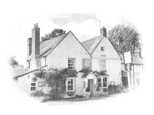um desenho a preto e branco de uma casa em The Angel Inn B&B em Long Crendon