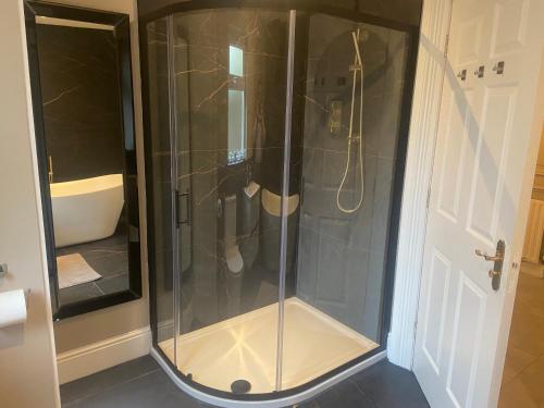 a shower with a glass door in a bathroom at Bayview Apartments in Ballygalley
