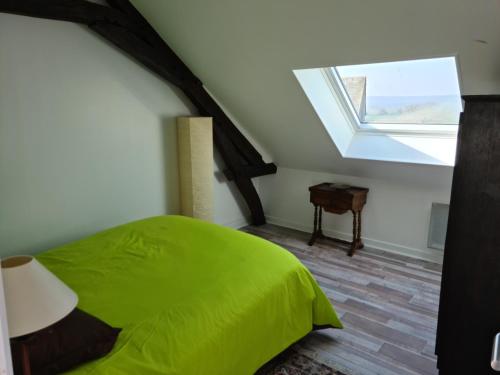 une chambre avec un lit vert et une fenêtre dans l'établissement Gite La Nuit Des Rois Sancerre, à Jars