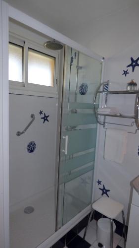La salle de bains est pourvue d'une douche avec des étoiles sur le mur. dans l'établissement Coquet T2 climatisé, véranda vue mer, Le Caounil, St Pierre la Mer, à Saint Pierre La Mer