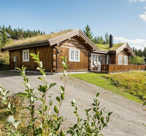 a log cabin with a grass roof at ReveEnka - cabin in Trysil with Jacuzzi for rent in Trysil