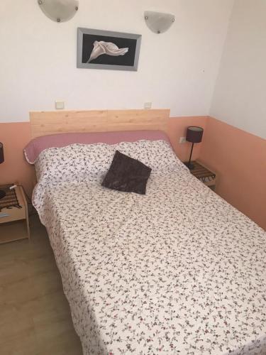 Un dormitorio con una cama con una almohada negra. en Great Choice Apartment, en Chernomorets