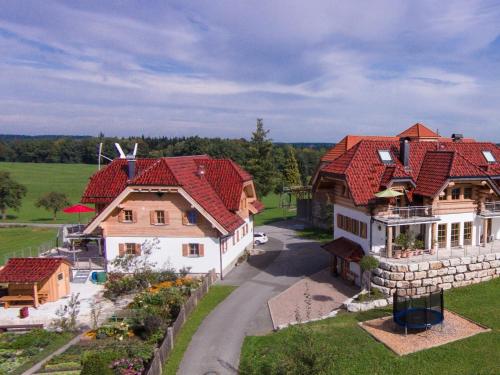 an aerial view of a house with red roofs at Apartment Fichte in Schönbronn