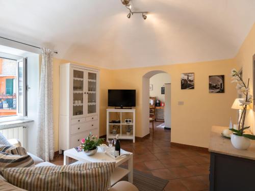 ein Wohnzimmer mit einem Sofa und einem TV in der Unterkunft Apartment Ca' du Mou - DOL102 by Interhome in Dolcedo