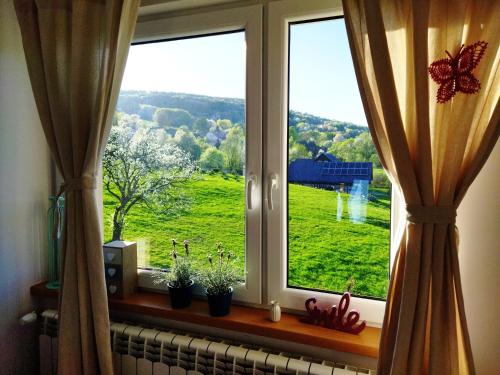 a window with a view of a green field at Pokoje goscinne u Olguni in Chyrowa