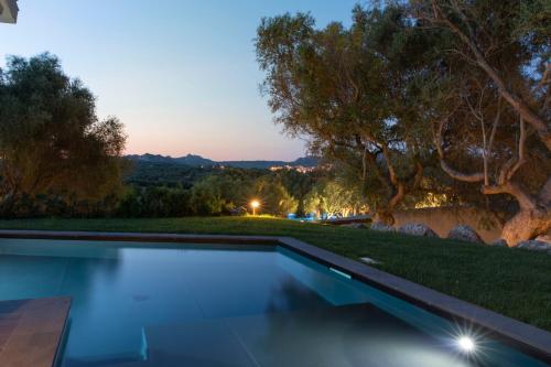 a swimming pool in the backyard of a house at night at Stazzo Lu Ciaccaru in Arzachena
