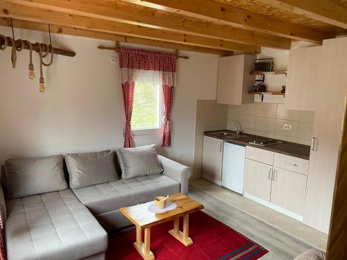 ein Wohnzimmer mit einem Sofa und einem Tisch in der Unterkunft Crossroads Preseka in Plužine