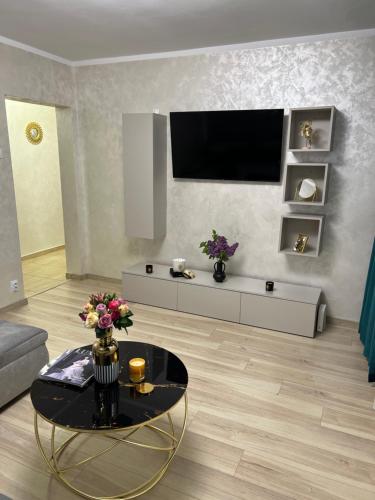 a living room with a television and a coffee table at Central Apartament 2 in Iaşi