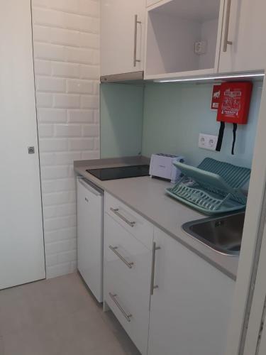 a small kitchen with white cabinets and a sink at São Bartolomeu Apartment 2 in Coimbra