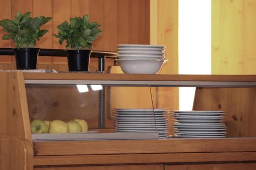 a cabinet with plates and bowls and potted plants at hotel Parco Pineta in Cavareno