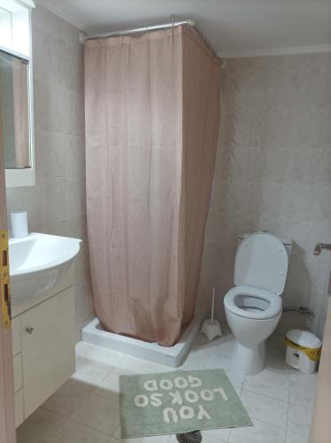 a bathroom with a toilet and a shower curtain at Sable Blanc Apartments in Ixia