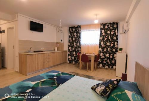 a bedroom with a bed and a kitchen with a table at Studio Lorena in Mangalia