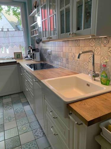 a kitchen with a sink and a counter top at Mitten im Ruhrgebiet immer Willkommen, wlan , Netflix, Parking Free, 100m2 flat in Oberhausen