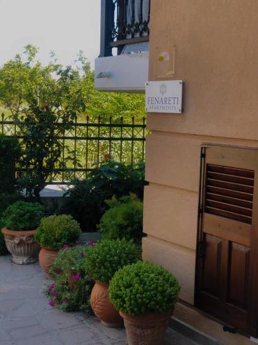 a group of potted plants sitting next to a building at Fenareti Apartments in Skala Eresou