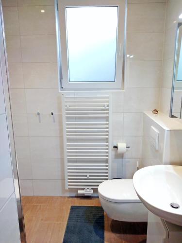 a bathroom with a toilet and a sink and a window at Helena Ferienwohnung in Hemfurth-Edersee