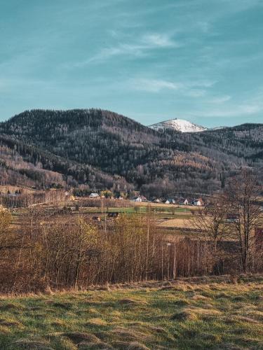 a field with a snow covered mountain in the distance at Domek Drwala k. Karpacza in Sosnówka