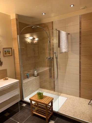 a bathroom with a shower with a table in it at Loft Chic au Coeur d Orange - HYPERCENTRE - TOUT ÉQUIPÉ in Orange