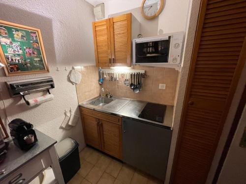 una pequeña cocina con fregadero y microondas en Plénouze, en Autrans