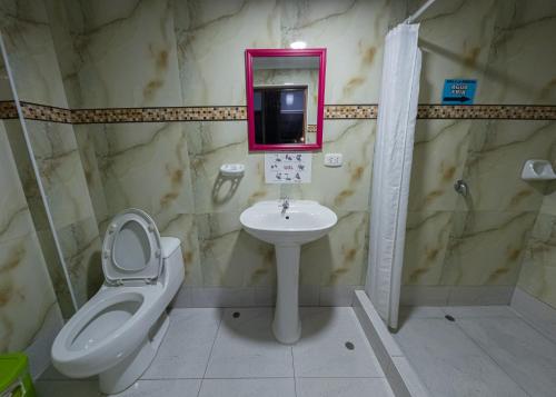 uma casa de banho com um WC, um lavatório e um espelho. em Libélula Hospedaje em Puerto Maldonado