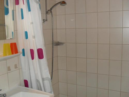 a bathroom with a shower and a sink at Dowis-Hof in Seebruck
