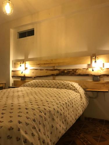 a bedroom with a bed and lights on the wall at Casa de Ana B&B in Huaraz