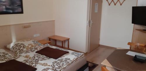 a small room with a bed and a table at Pension Lehmann in Radebeul