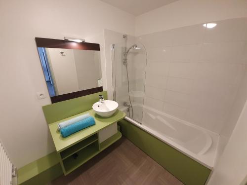 un bagno con lavandino e doccia di L'Arbousier - Piscine & climatisation a Gréoux-les-Bains