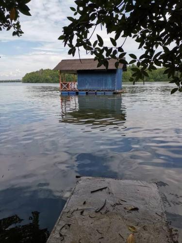 a blue shack in the middle of a body of water at Homestay Cikgu Sungai Batu Besi in Bedung