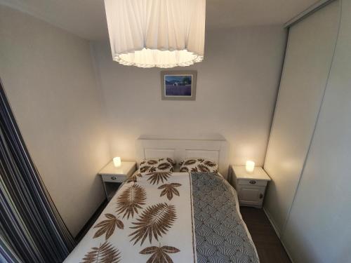 een kleine slaapkamer met een bed en twee nachtkastjes bij Le Romarin - Climatisation piscine & parking privé in Gréoux-les-Bains