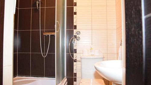 La salle de bains est pourvue d'une douche, de toilettes et d'un lavabo. dans l'établissement Motel Park Rogatica, à Rogatica