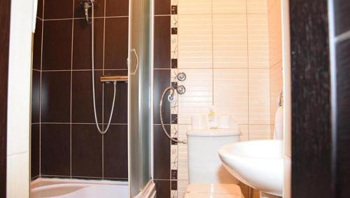 a bathroom with a shower and a toilet and a sink at Motel Park Rogatica in Rogatica
