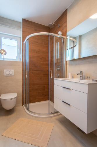 a bathroom with a shower and a toilet and a sink at Apartments Mandre in Mandre