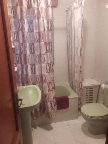 y baño con lavabo, aseo y cortina de ducha. en Apartamento Surf Beach Loredo, en Loredo