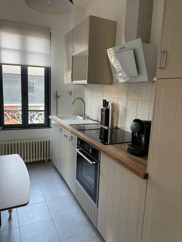 une cuisine avec un évier et une cuisinière four supérieur dans l'établissement Appartement avec balcon vue mer, tout équipé, à Mers-les-Bains