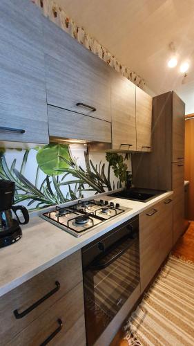 uma cozinha com armários de madeira e um forno com placa de fogão em Elisa - Rebomaholidays em Tignale