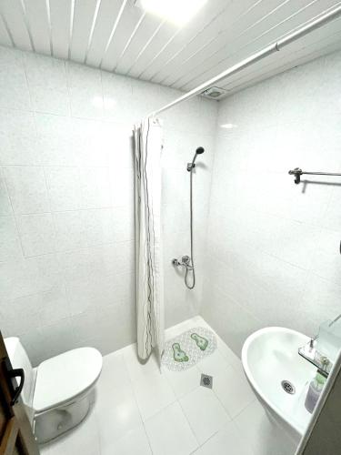 a white bathroom with a toilet and a sink at Keti 's Apartment in Batumi in Batumi