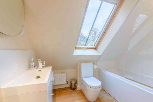 a bathroom with a toilet and a sink and a window at The Nest at Robins Roost in Little Rissington