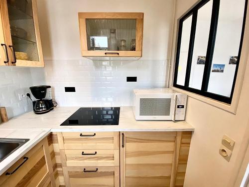 une cuisine avec un comptoir avec un micro-ondes dans l'établissement Les Mouettes à Deauville, à Deauville