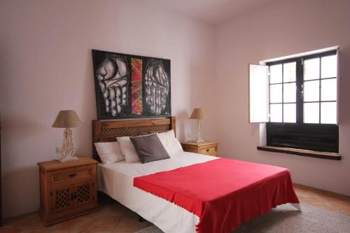 a bedroom with a bed with a red blanket at Holiday home Refugio Yuco in La Vegueta in Tinguatón