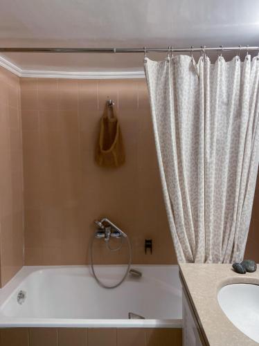 un bagno con vasca e lavandino di Nina's cozy apartment in Mikrolimano a Pireo