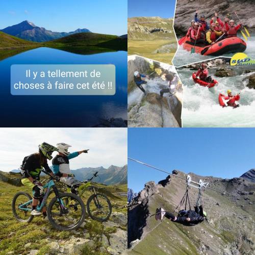 un collage de photos de personnes sur une rivière et un radeau dans l'établissement Orcières Merlette Queyrelet 1, Front de neige, à Orcières