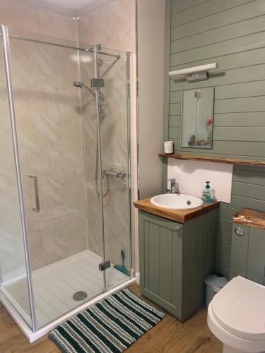 a bathroom with a shower and a sink at Beautiful one bedroom self contained annex in Glenelg