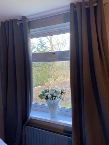 un jarrón de flores sentado en un alféizar de la ventana en Stansted Airport Guest Rooms en Bishops Stortford