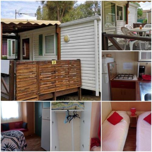 Un collage de quatre photos d'une petite maison dans l'établissement MOBILHOME 4/5 P /GORGES DU VERDON / TOUT EQUIPE / / TOUT CONFORT / REFAIT A NEUF / LAC DE STE CROIX A PROXIMITE, à Sainte-Croix-de-Verdon