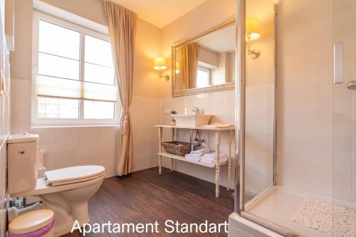 a bathroom with a toilet and a shower at Apartamenty nad Motławą in Gdańsk