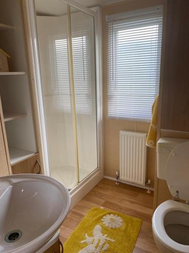 a bathroom with a shower and a sink and a toilet at Comfy 2 bed holiday caravan in Whitstable