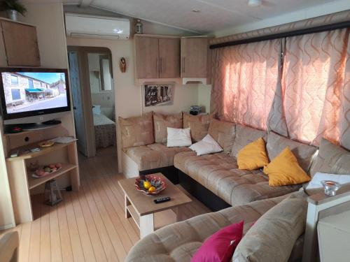 uma sala de estar com um sofá e uma televisão de ecrã plano em Mobil home - Clim, LL, TV - Camping Le Lac des Rêves '4 étoiles' - 001 em Lattes