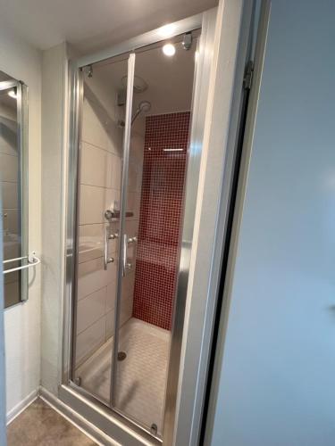 W łazience znajduje się prysznic ze szklanymi drzwiami. w obiekcie Contact Hôtel Fontenay le Comte w mieście Fontenay-le-Comte