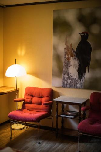 a room with a chair and a picture of a bird at Vallåsens Värdshus STF Hostel in Våxtorp