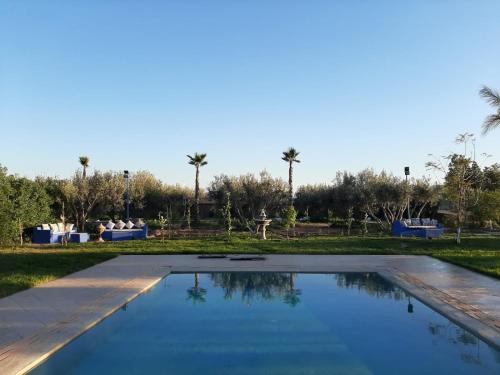 una piscina en un parque con palmeras al fondo en Villa Marrackech Sbai en Oubadine